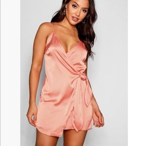 New! Boohoo Satin Wrap Detail Dress